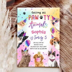 Cats and Dogs Party Pawty Animals Girl Birthday Invitation