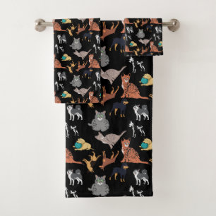 Cats And Dogs Pattern Design On Black  Bath Towel Set