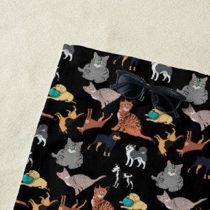 Cats And Dogs Pattern Design On Black Beach Towel