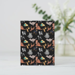 Cats And Dogs Pattern Design On Black Postcard