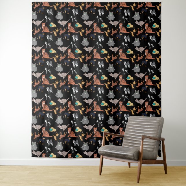 Cats And Dogs Pattern Design On Black  Tapestry (In Situ)