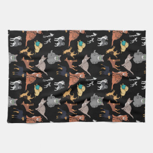Cats And Dogs Pattern Design On Black Tea Towel