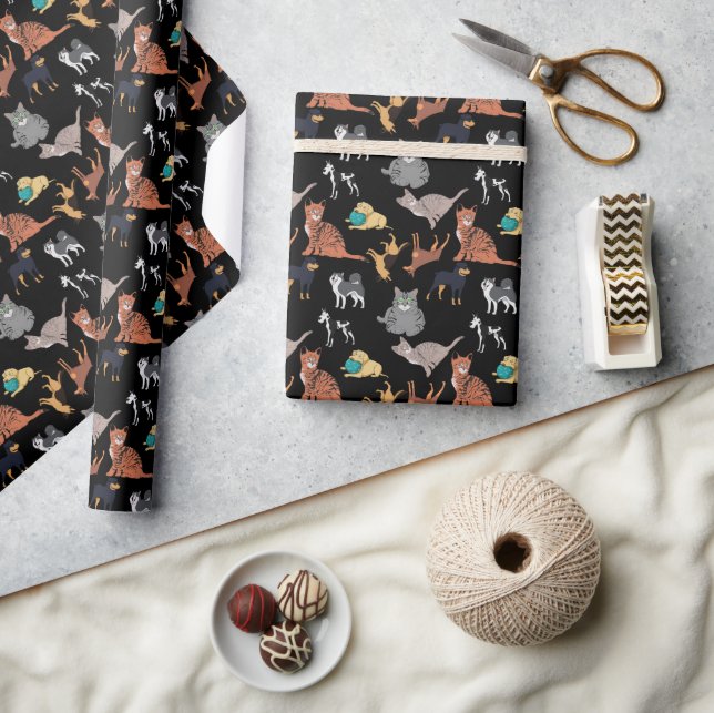 Cats And Dogs Pattern Design On Black  Wrapping Paper (Crafts)