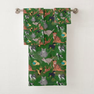 Cats And Dogs Pattern Design On Green Bath Towel Set