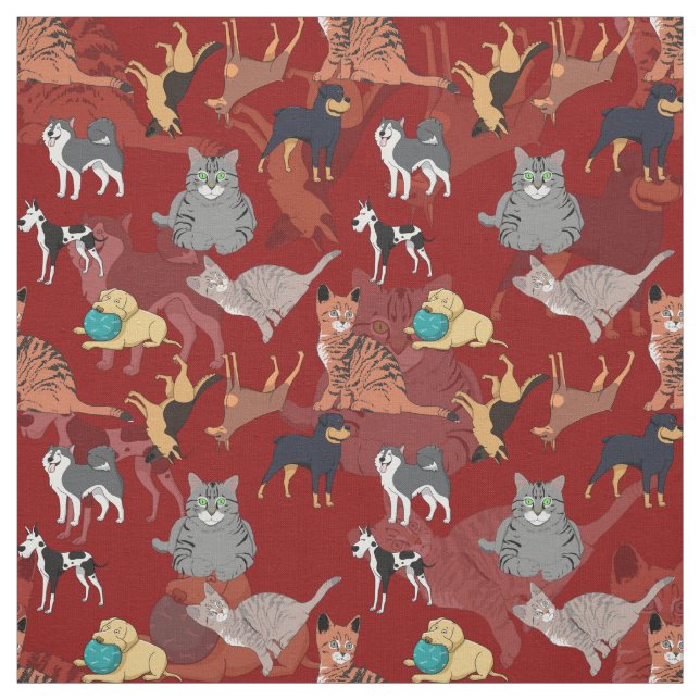 Cats And Dogs Pattern Design On Red Fabric (Swatch)