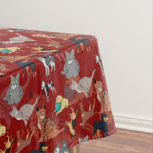 Cats And Dogs Pattern Design On Red Tablecloth