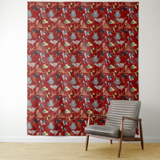 Cats And Dogs Pattern Design On Red Tapestry (In Situ)