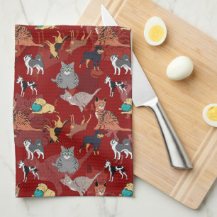 Cats And Dogs Pattern Design On Red Tea Towel
