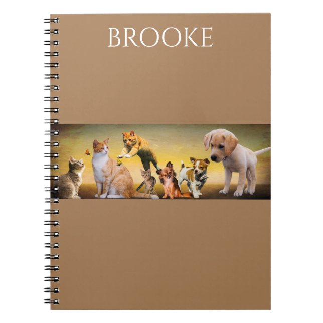 Cats and dogs spiral notebook with custom name. (Front)