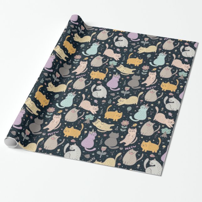 Cats and Flowers Design Wrapping Paper (Unrolled)