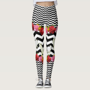 Cats and Flowers on Black Chevron Leggings