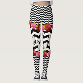 Cats and Flowers on Black Chevron Leggings
