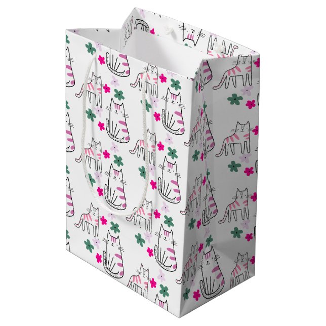 Cats and Flowers On White Medium Gift Bag (Back Angled)