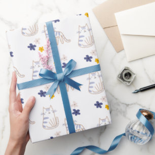 Cats and Flowers On White Wrapping Paper