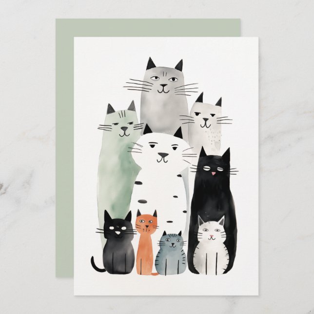 Cats and Friends Watercolor Gouache Illustration Invitation (Front/Back)