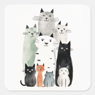 Cats and Friends Watercolor Gouache Illustration Square Sticker