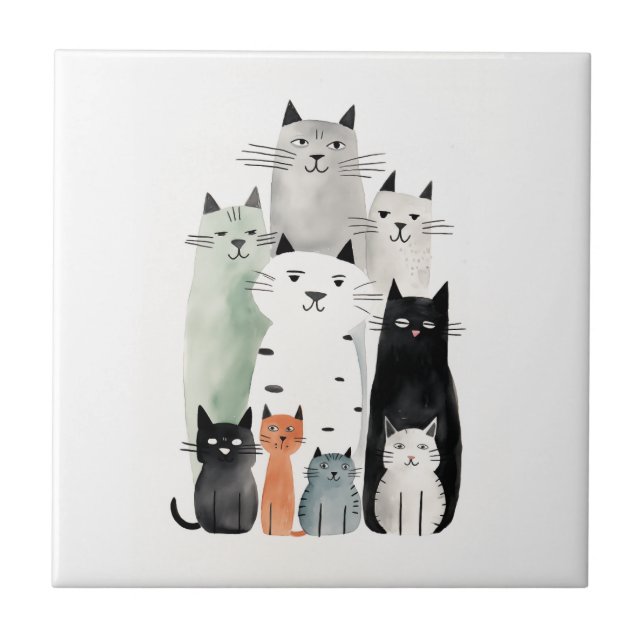 Cats and Friends Watercolor Gouache Illustration Tile (Front)