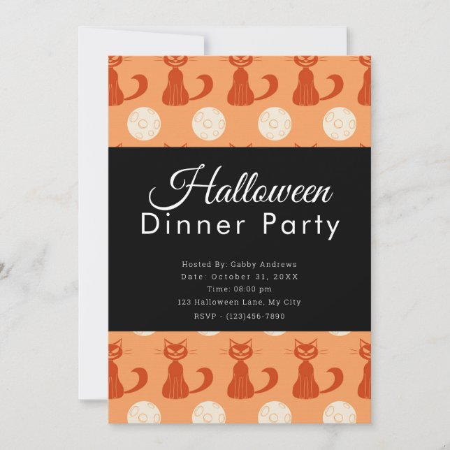 Cats and Full Moons Orange Halloween Dinner Party Invitation (Front)