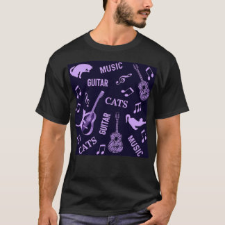 Cats and guitars purple pattern  T-Shirt