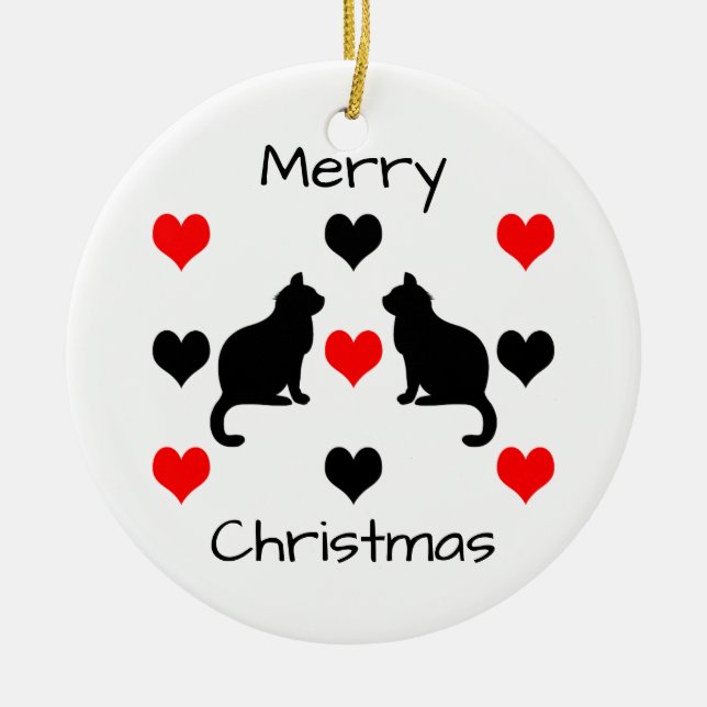 Cats and hearts pattern ceramic tree decoration (Front)