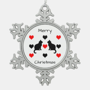 Cats and hearts pattern snowflake pewter christmas ornament
