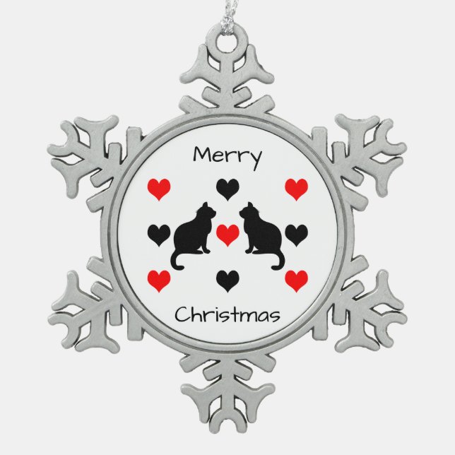 Cats and hearts pattern snowflake pewter christmas ornament (Front)