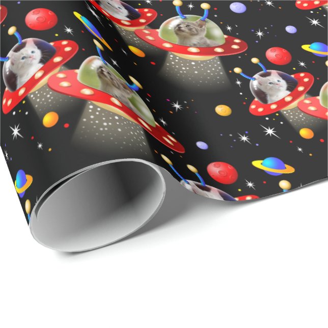 Cats and Kittens in UFOs spaceships flying saucers Wrapping Paper (Roll Corner)