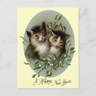 Cats and Mistletoe Vintage New Year Holiday Postcard