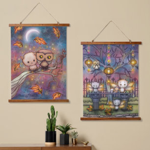 Cats and Owls Cute Artwork by Molly Harrison Hanging Tapestry