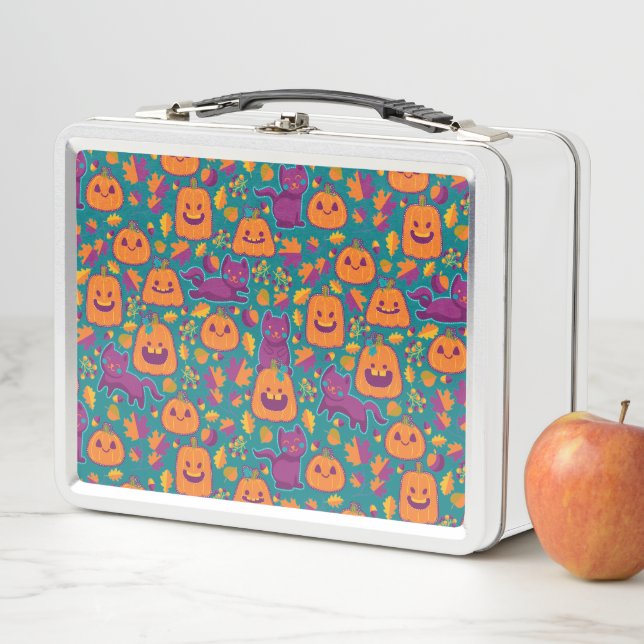 Cats and pumpkins embroidery metal lunch box (In Situ)