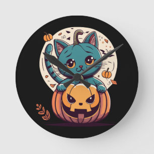 Cats and Pumpkins for a Happy Halloween! Round Clock