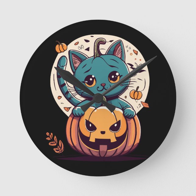Cats and Pumpkins for a Happy Halloween! Round Clock (Front)
