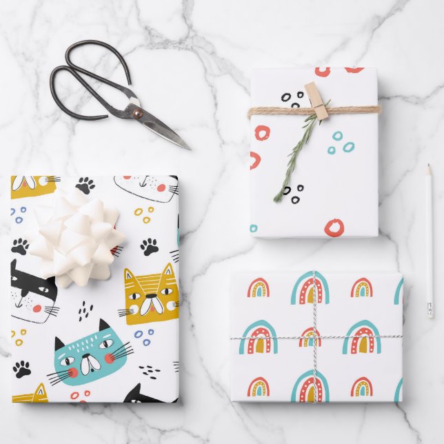 Cats And Rainbows Pattern Wrapping Paper Sheet (Front)