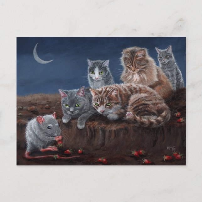Cats and Rat with strawberries postcard (Front)