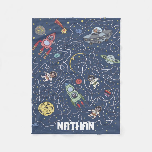 Cats and Rockets in Space Personalised Kids Fleece Blanket (Front)