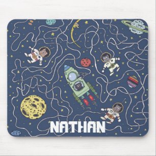 Cats and Rockets in Space Personalised Kids Mouse Mat
