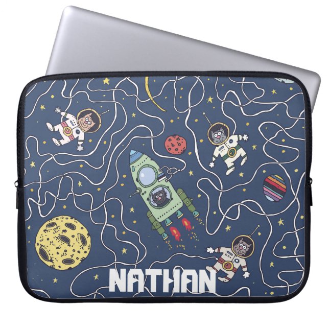 Cats and Rockets in Space Personalised Laptop Sleeve (Front)