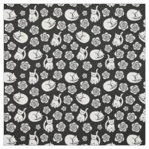 Cats and Roses Black and White Fabric