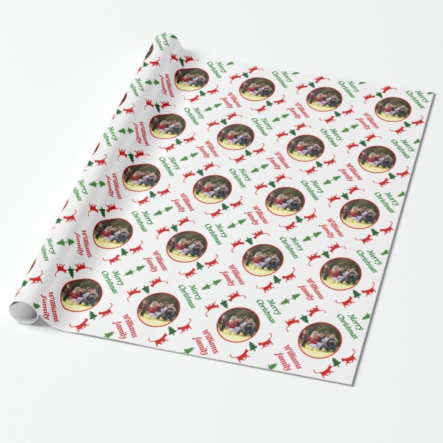Cats and tree Christmas holiday personalised photo Wrapping Paper (Unrolled)