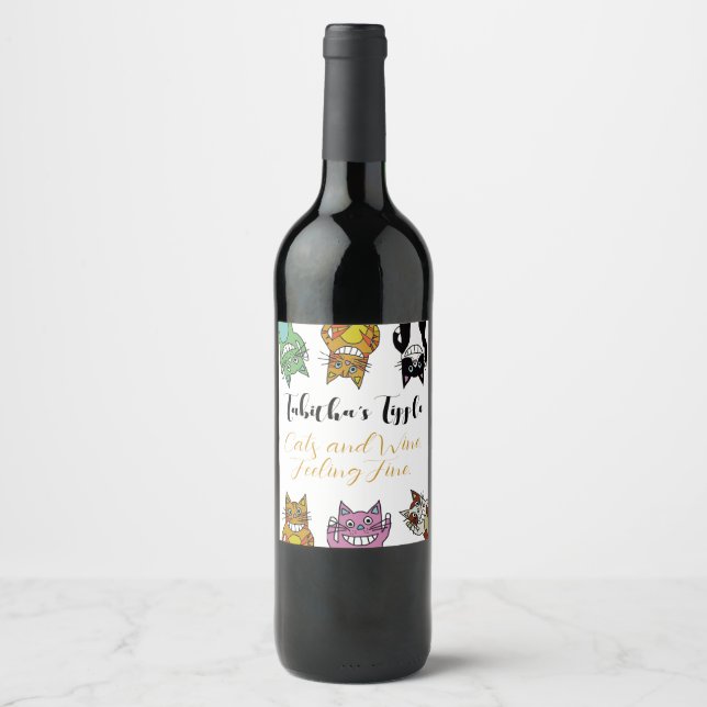 cats and wine, feeling fine, pet sitters gift wine label (Front)