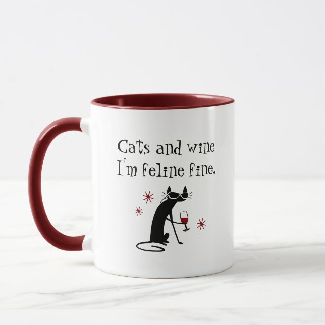 Cats and Wine Feline Fine Wine Pun with Cat Mug (Left)