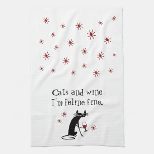 Cats and Wine Feline Fine Wine Pun with Cat Tea Towel