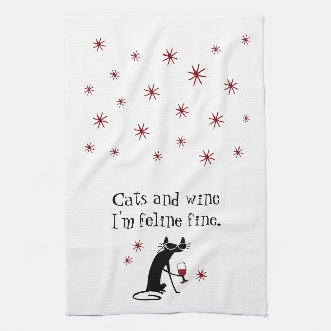 Cats and Wine Feline Fine Wine Pun with Cat Tea Towel (Vertical)