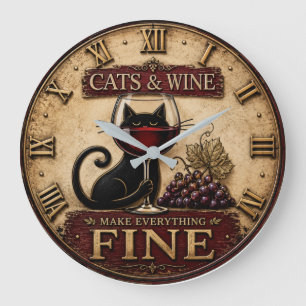 Cats and Wine Make Everything Fine Rustic Farm Large Clock