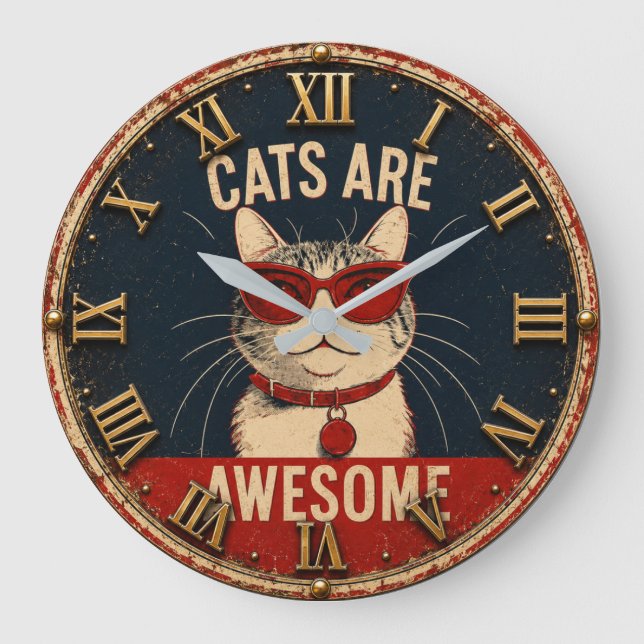 Cats Are Awesome Cool Cat with Red Sunglasses Large Clock (Front)