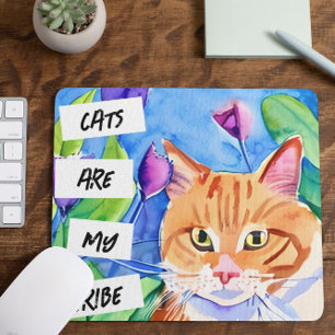 Cats are My Tribe   Orange Cat and Flowers Mouse Mat