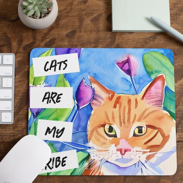 Cats are My Tribe | Orange Cat and Flowers Mouse Mat (Creator Uploaded)