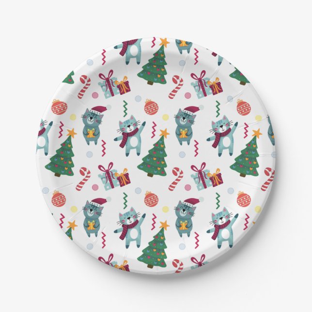 Cats At christmas Whimsical Pattern Paper Plate (Front)