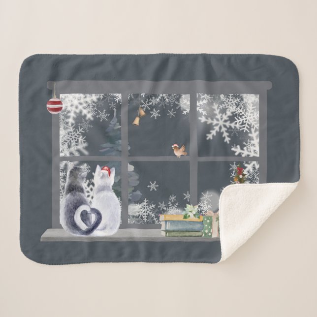 Cats at Christmas Window  Sherpa Blanket (Front (Horizontal))