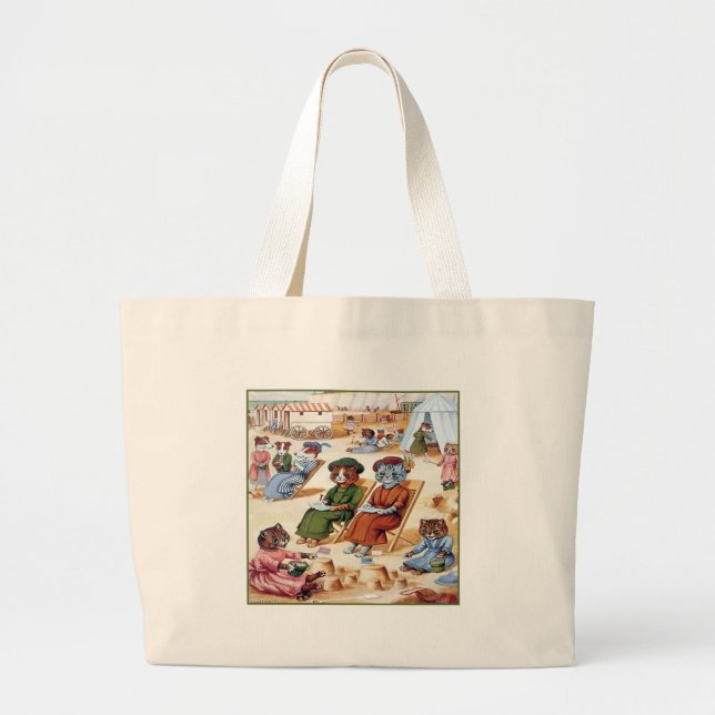 Cats at the Beach by Louis Wain Large Tote Bag (Front)